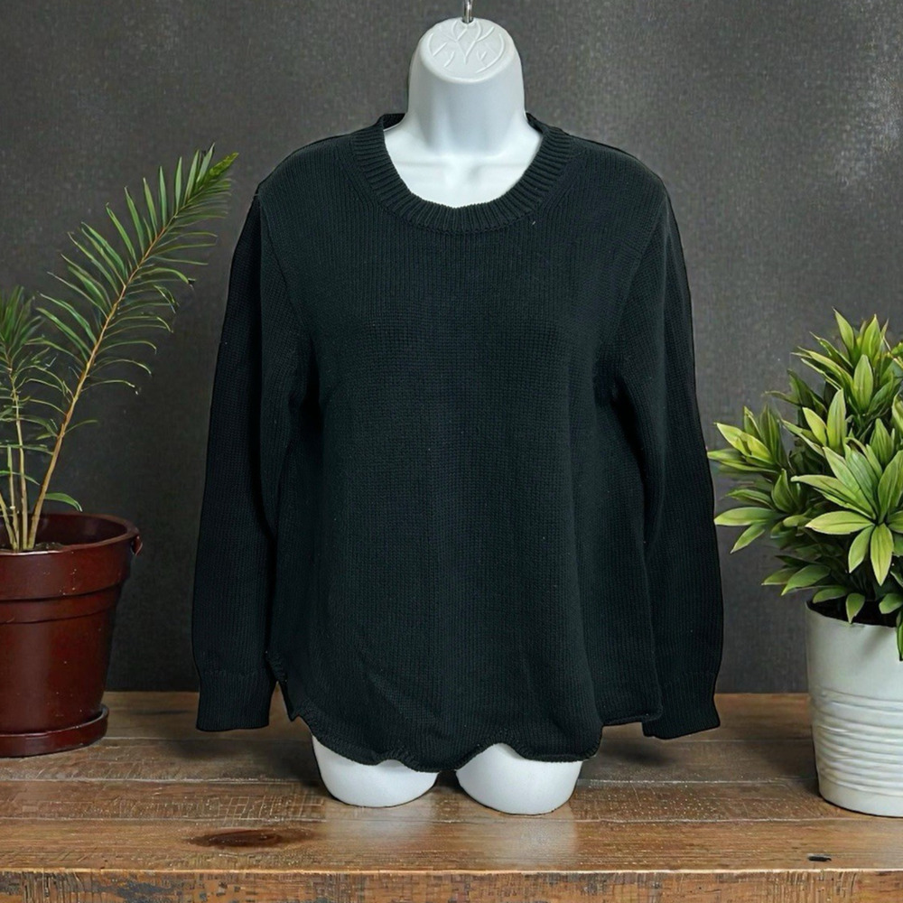 Women's J. By J.Crew Black Pullover Sweater Sz M Scalloped Hem Thick Knit Top